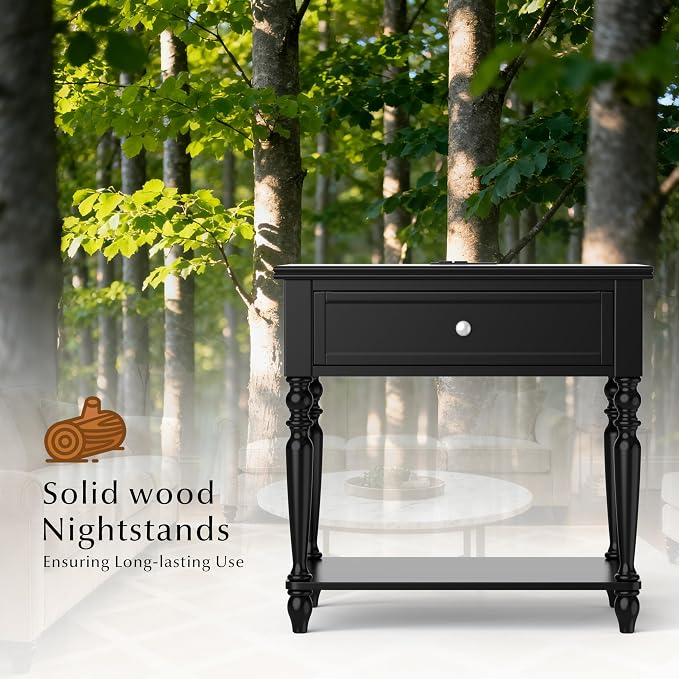 Solid Wood Nightstand with Charging Station, Traditional End Table with Drawers - Image 3