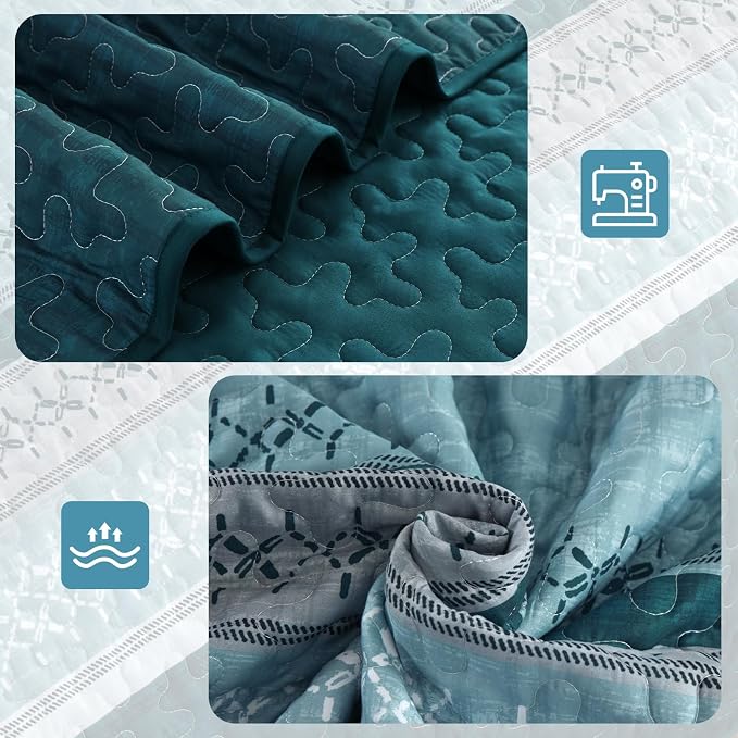 Cottolester Teal Quilt Set King Size, Soft Striped Texture Quilt Set 3 Pcs | - Image 4