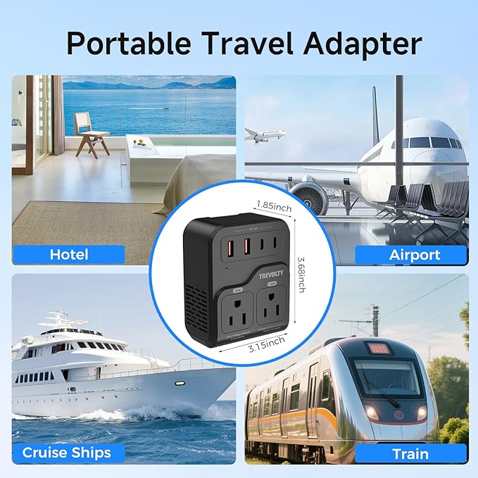 TREVOLTY 2000W Voltage Converter US to Europe, 220V to 110V Converter for Hair Dryer, 7-in-1 European Travel Plug Adapter with 3AC/2USB-A/2USB-C (PD20W), Travel Essentials with US/JP/FR/DE/UK/AU/EU