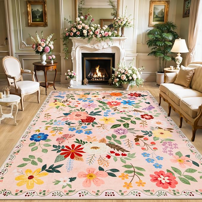10x14 Area Rugs for Living Room: Floral Washable Rug Vintage Large Soft Boho Non-Slip Carpet Stain Resistant Low Pile Carpets for Bedroom Dining Room Farmhouse Nursery Hallway Home Office Beige