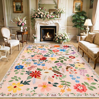 10x14 Area Rugs for Living Room: Floral Washable Rug Vintage Large Soft Boho Non-Slip Carpet Stain Resistant Low Pile Carpets for Bedroom Dining Room Farmhouse Nursery Hallway Home Office Beige