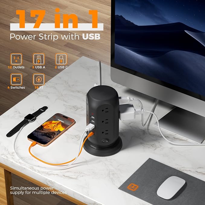 TESSAN Tower Power Strip Surge Protector, Flat Extension Cord 10 Ft, 5 USB Ports - Image 4