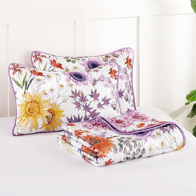 Yiran Purple Floral Quilt Set Queen Size, Sunflower Botanical Bedding Set | 3 - Image 9