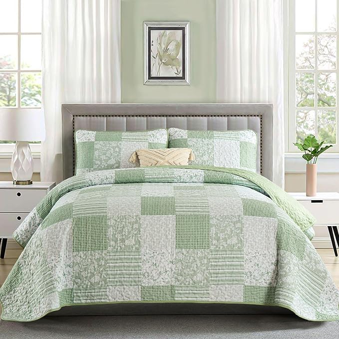 Mybedsoul Light Green Quilt Set Full Size, 3 Pieces Plaid Floral Bedspread Set by Mybedsoul