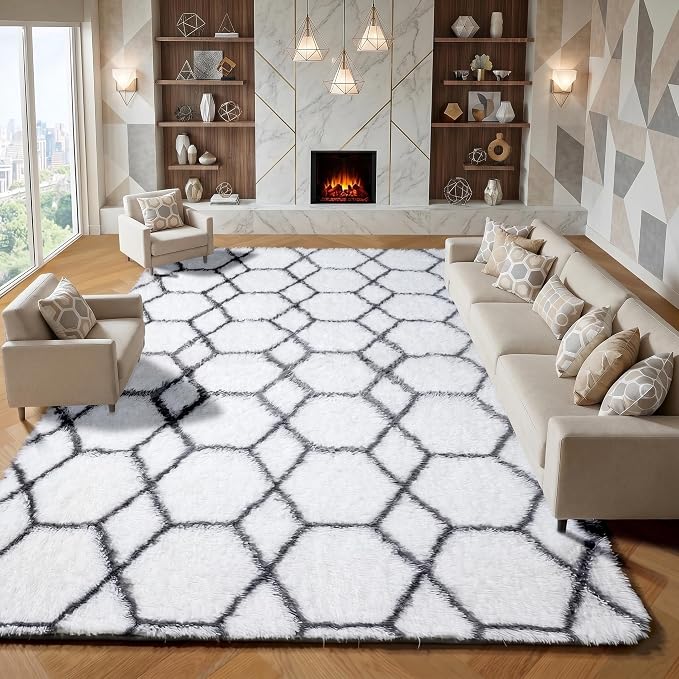 8x10 Area Rugs for Living Room, Fluffy White and Grey Rug for Bedroom, by ONASAR