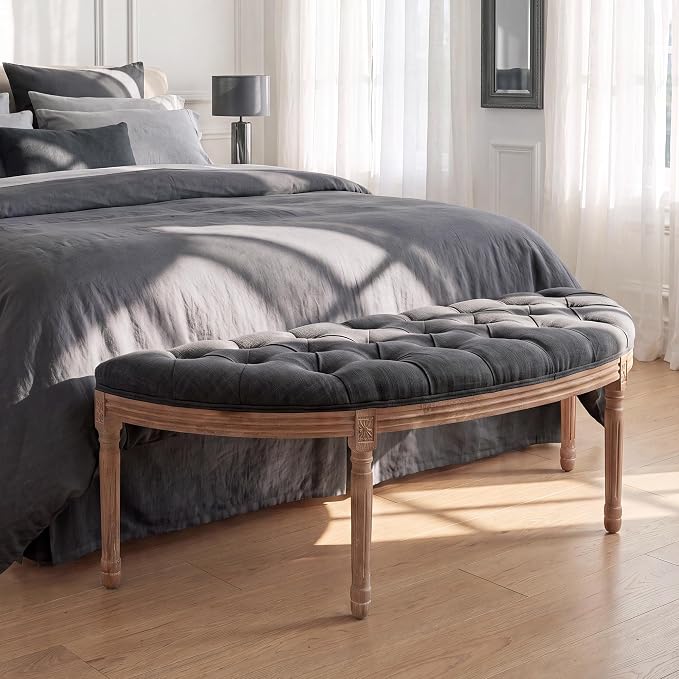 chairus 55" Button Tufted Semi-Circle Dining Bench Linen Halfmoon Entryway - Image 8