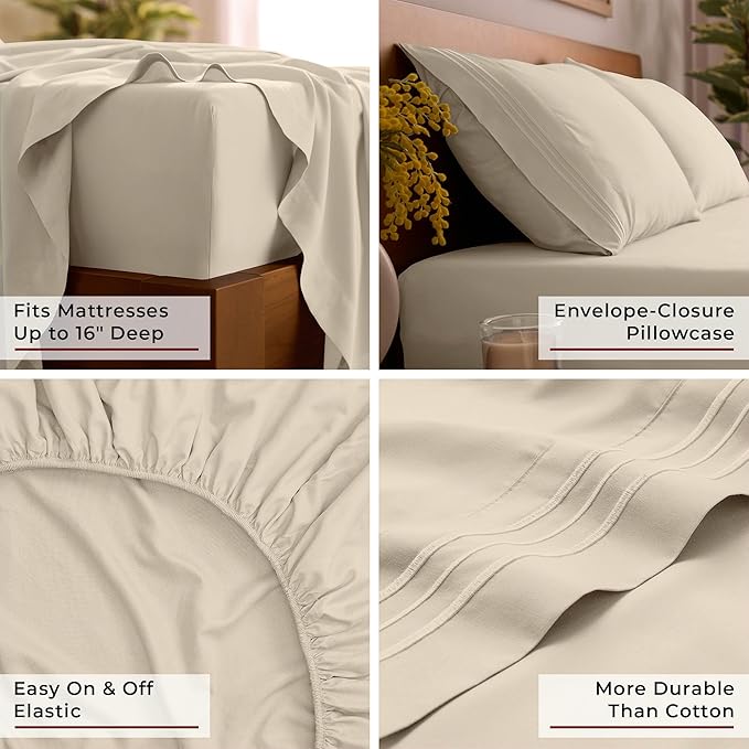 Mellanni California King Sheet Set - 6-Piece Iconic Collection Bedding, (Including 4 Pillowcases), 16-Inch Deep Pocket, Easy Care, Extra Soft, Cooling Sheets, Brushed Microfiber - Beige