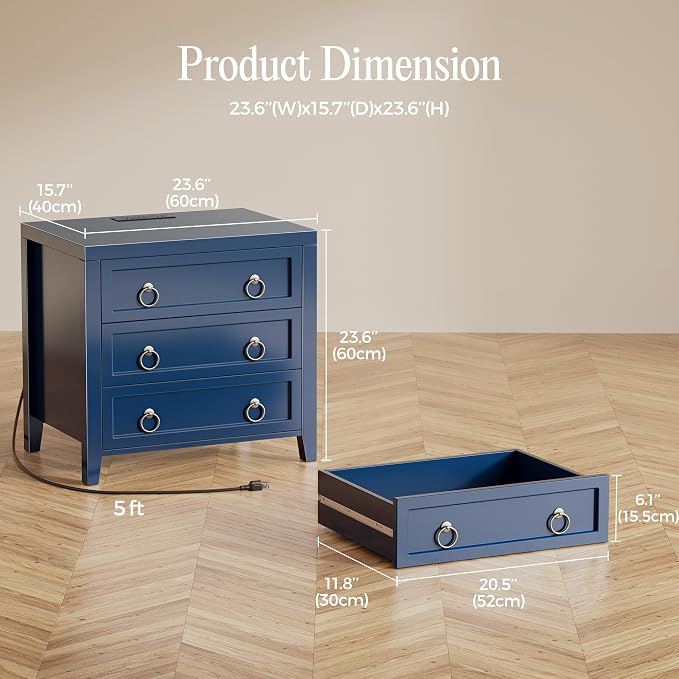 Huuger Paint Night Stand with Charger Station, 3 Drawer Nightstand Set of 2 | - Image 2