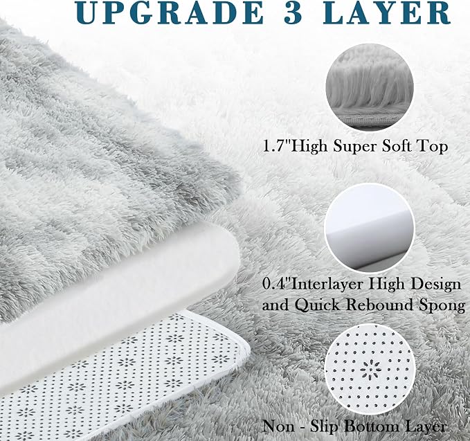 4x6 Area Rugs for Bedroom, Light Grey Tie-Dyed Fluffy Shag Bedside Rugs | - Image 4
