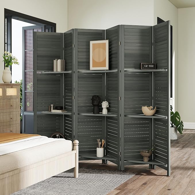 HOMCOM Room Divider with Shelves, 6 Panel, 3 Display Shelves, Folding Storage - Image 8