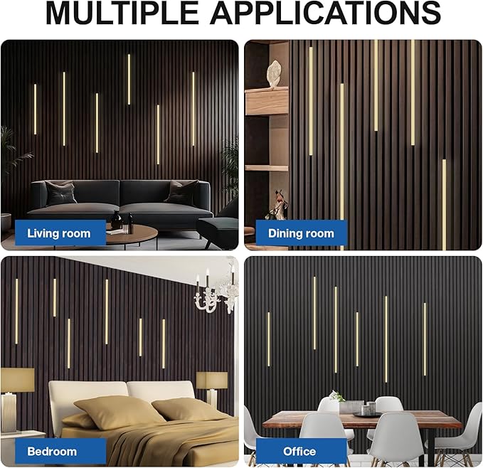 NeatiEase LED Recessed Lighting Kit for Wood Slat Wall Panel, 6 Pcs Self-adhesive 3000K Warm LED Light with Smart Switch and Adjustable Brightness for Cabinet, Headboards, Kitchen (2*24"+2*20"+2*16")