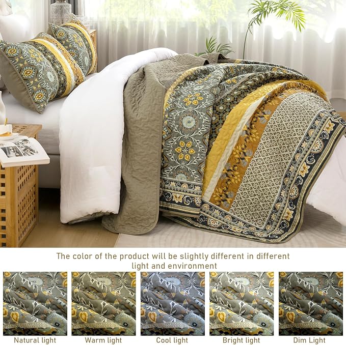 Yiran Quilts King Size, Taupe Yellow Boho Vintage Bedspreads Bedding Set | Fall - Image 5