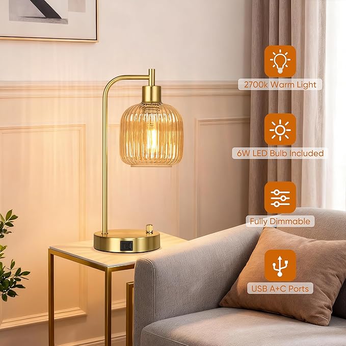 Champagne Glass Table Lamps Set of 2, Dimmable Bedside Lamps - Image 4