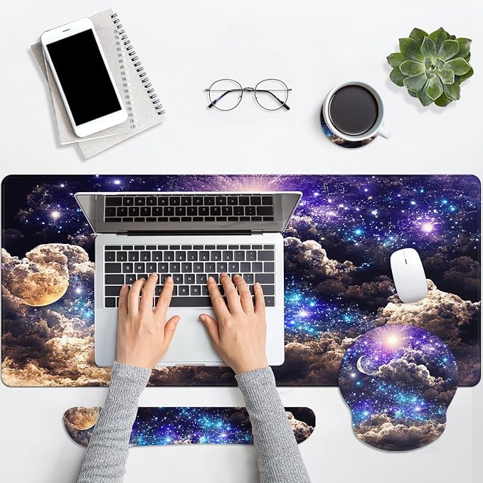 Britimes Moon Space Night Keyboard Mouse Pad Set Blue Cute Cloud 4in1 Large Mousepad+Keyboard Wrist Rest+Mouse Wrist Rest+Coaster Ergonomic Design for Home Office Computer 35.4x15.7 inches