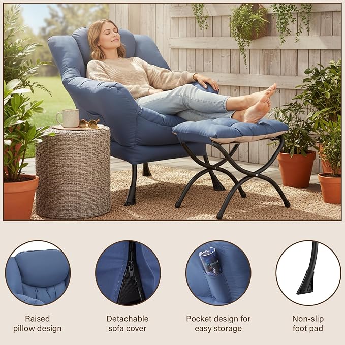 Welnow Lazy Chair with Ottoman, Reading Chair with Footrest, Royal Blue | A - Image 6