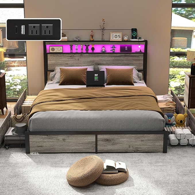 Queen Size Bed Frame with 4 Storage Drawers and Headboard with Charging Station and LED Lights,2 Tier Solid Wood Headboard Storage/Noise Free/No Box Spring Needed/Remote Control/Rustic Grey