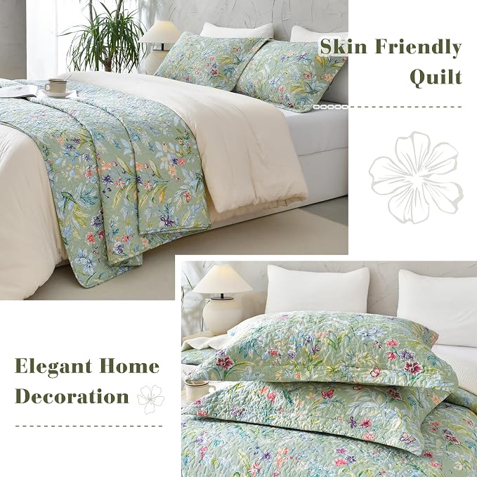 QSH 100% Cotton Quilt King Size Bedding Set 3Pcs Green Floral Quilt Set Summer - Image 6