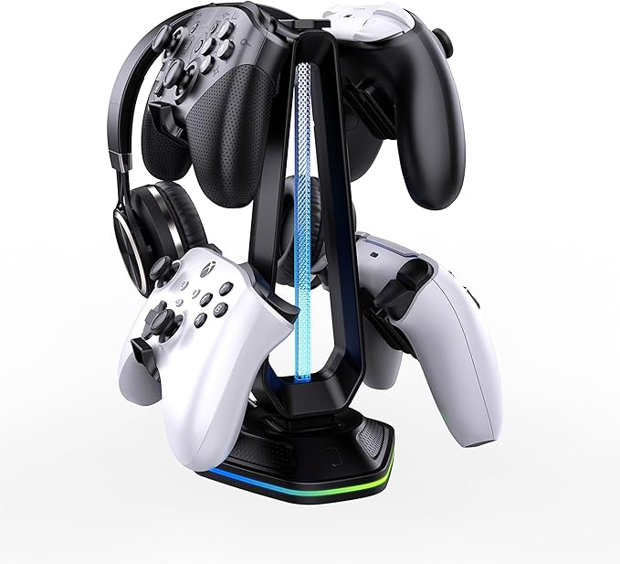 Oritikur RGB Headset Stand with 9 Light Modes and 2 USB Charging Ports - Controller Holder for Desk - Headphone Stand & Detachable Controller Hook for PC Earphone Gaming Room Setup Accessories