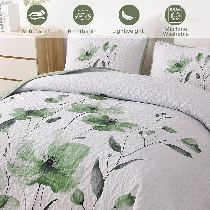 Mybedsoul King Quilt Set Sage Green, Reversible Polyester Coverlet Set - Image 6