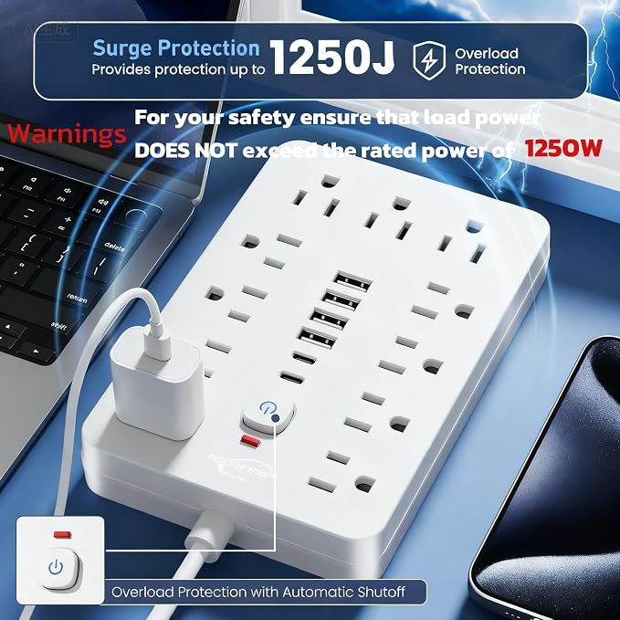 JouleLoom 2 Pack 6 FT Flat Plug Surge Protector Power Strip, 11 Multiple AC - Image 8