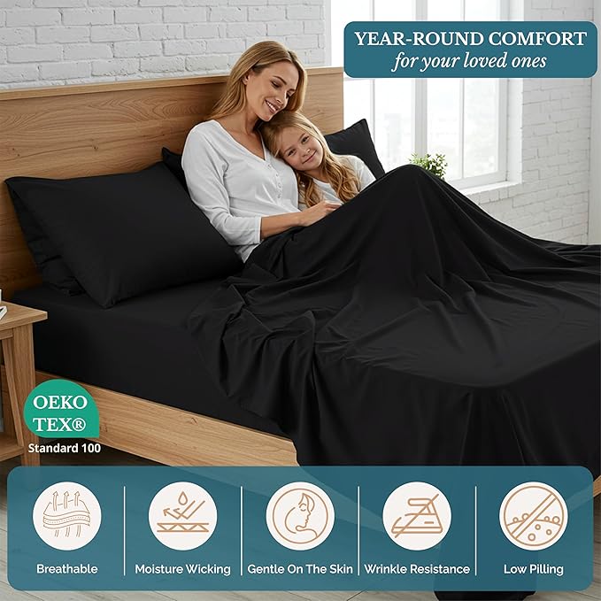 Casa Platino Split King Sheets, 4 Piece Set, Pre-Washed Ultra Soft Bed Sheets Set, Brushed Microfiber Split King Bedding Sets, Split King Size Sheets with 15 inch Deep Pockets - Black