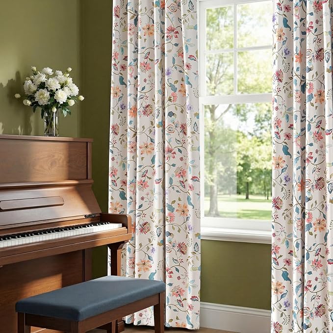 jinchan Beige Floral Blackout Curtains 96 Inch Back Tab 2 Panels Set | Room - Image 7