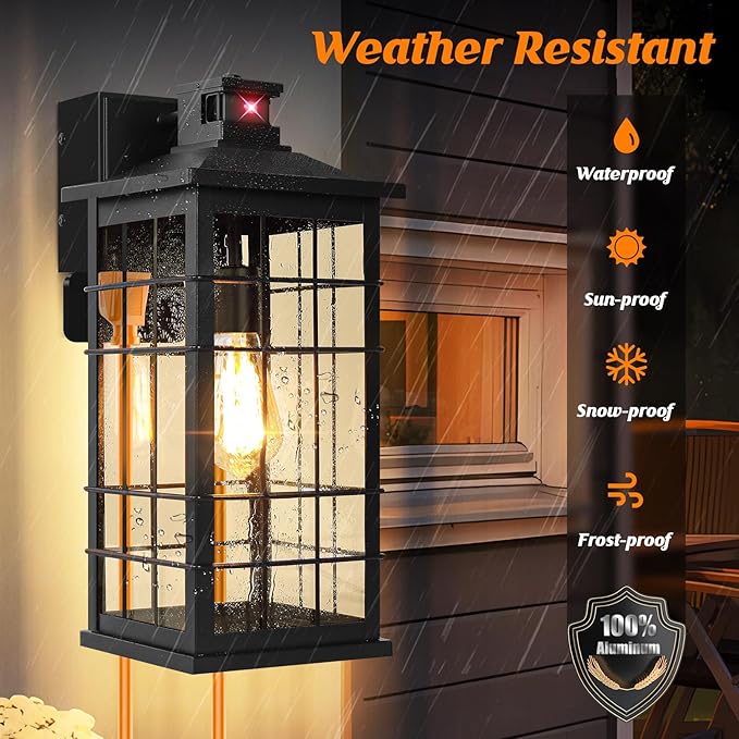 18inch Large Motion Sensor Porch Lights with GFCI Outlets, Dusk to Dawn Black Outdoor Wall Light Fixtures, 3 Modes Exterior Lighting Fixture Waterproof Outside Wall Lantern Sconce for House, 2-Pack