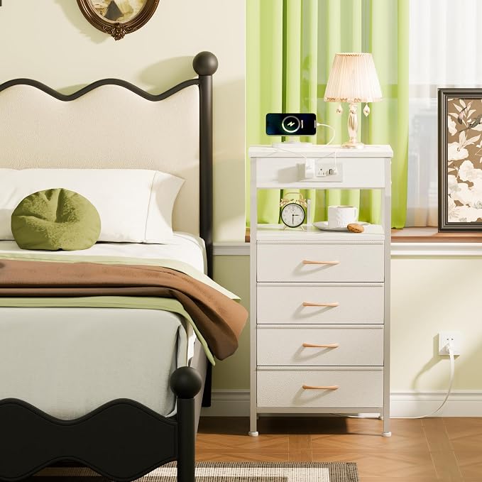 White Nightstand with Charging Station, 4 Drawers Bedside Table | 33.3 Inch - Image 2
