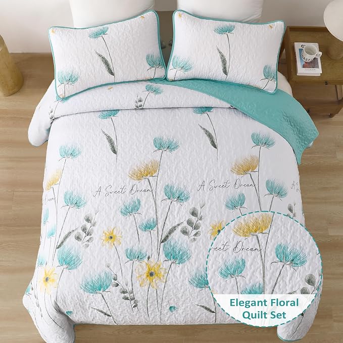 Dinjoy Aqua Quilt Set Full, Floral Botanical Bedspread - Image 2