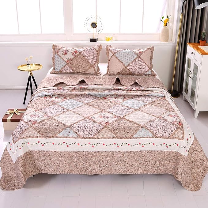 Full/Queen Size Quilt Set Pink Floral Patchwork Bedspreads Bedding Set | - Image 3