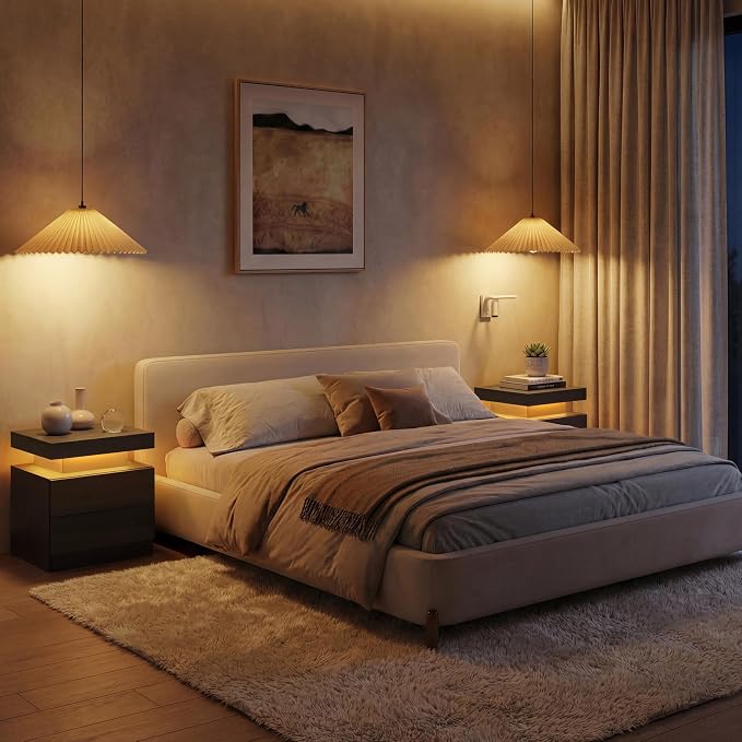 LED Nightstand with Wood 2 Drawers Modern Bedside Table - Image 7