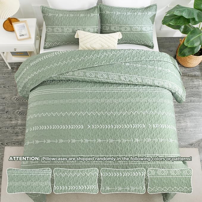 Sage Green Twin Quilt Set, 2 Pieces Boho Striped Bedspread | Soft Sage Green - Image 7