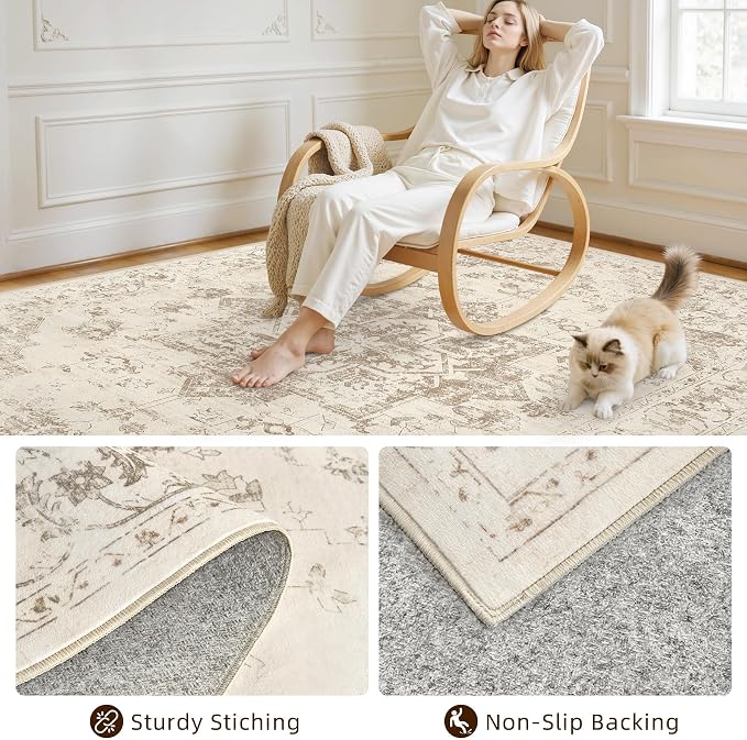 10x12 Area Rugs Living Room: Bedroom Washable Carpet Beige/Ivory | Large - Image 4