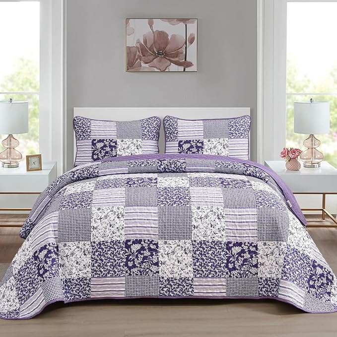 Mybedsoul Purple Quilt Set Full Size, Patchwork Reversible Bedding Set | Soft by Mybedsoul