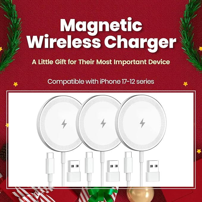 3Pack Magnetic Wireless Charging Pad: 15W Fast Qi Wireless Charger for iPhone 17 16 15 14 13 12 Series Series & AirPods 4 3 2 Pro 3,Strong Magnet Slim Portable for Travel Home,Case-Friendly, White