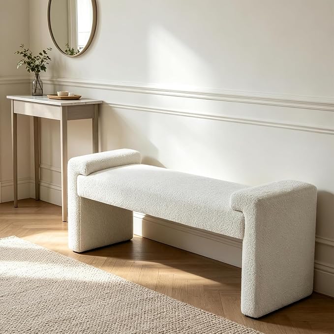 Upholstered Entryway Bench, Curved Armrests, Solid Wood Frame, End of Bed - Image 6