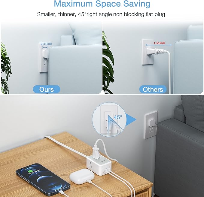 TESSAN Small Flat Plug Power Strip, Ultra Thin Extension Cord 5 ft, Wall Outlet - Image 2