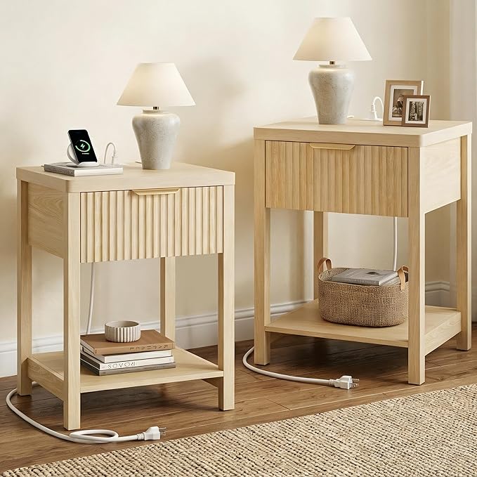 Night Stand Set 2, Fluted Wood Nightstands w/Charging Station by Lulive