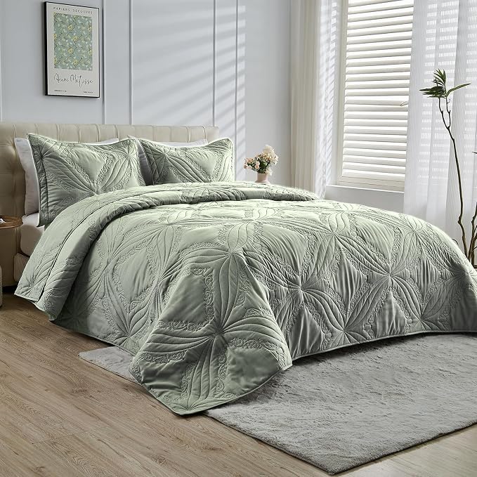 Kingnex Oversized King Bedspreads 128x120 Ultrasonic Quilted Sage | Extra Wide by Kingnex