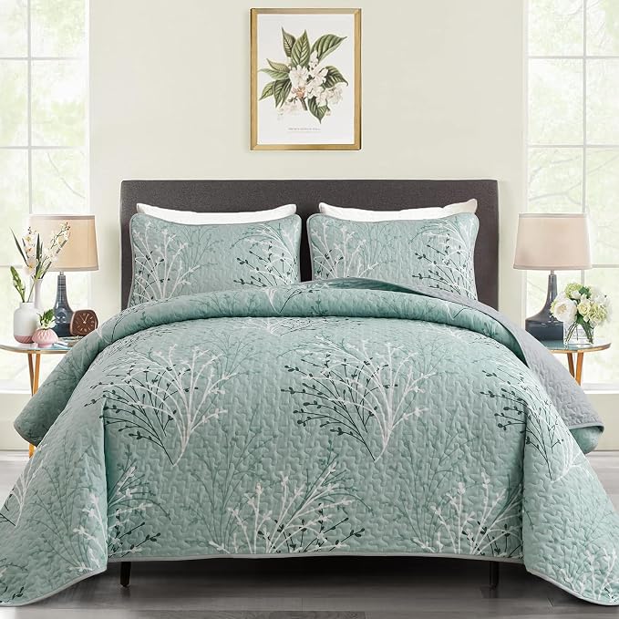 DJY Aqua Quilt Set Queen Size Branch Botanical Bedspread Coverlet Set | 3 by HOME