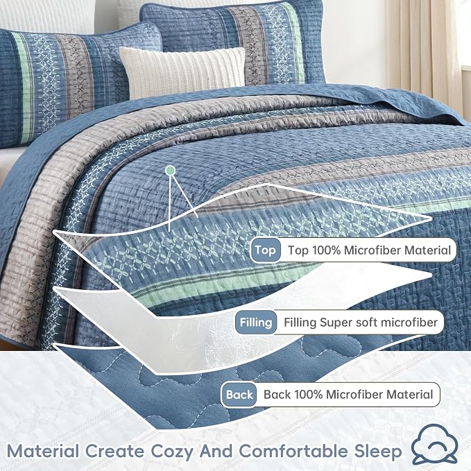 Cottolester Blue Quilt Set King, All Seasons Microfiber Quilt Bedding Sets - Image 6