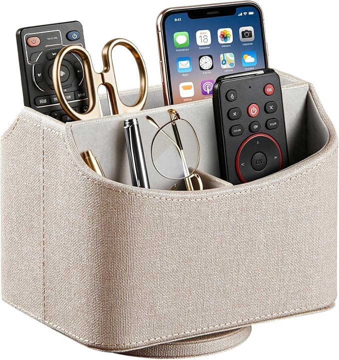 PU Leather 360° Rotatable Remote Control Holder, Nightstand TV Remote Caddy | by PUSU