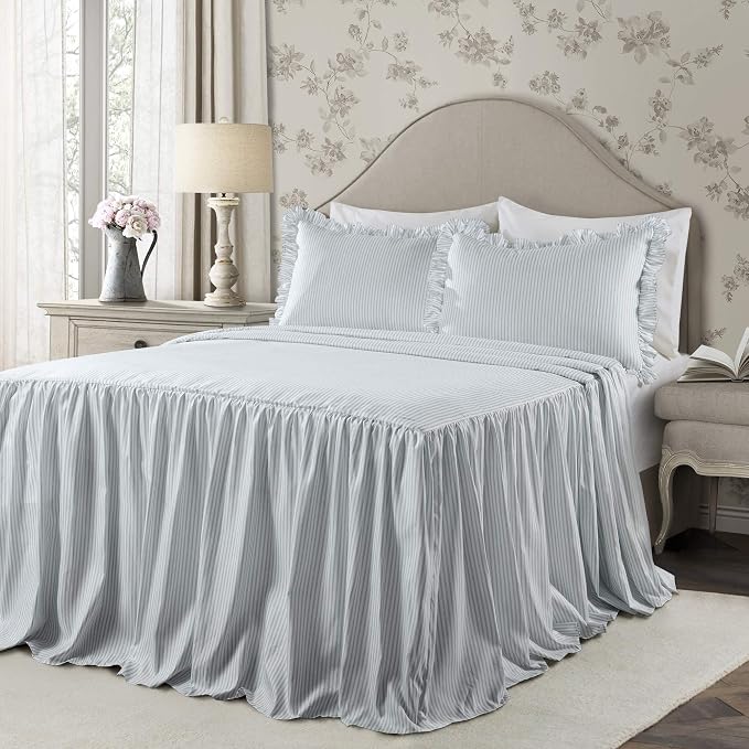 Lush Decor Ticking Stripe Bedspread Queen Size 3 Piece Set Lake Blue - Image 2