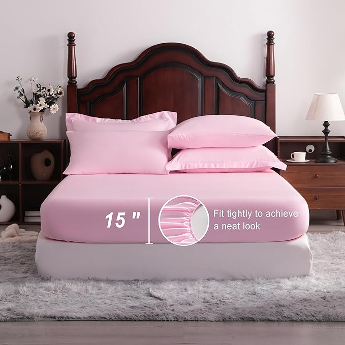 NTBAY Queen Comforter Set with Sheets, 7 Pieces Soft and Breathable Queen Bedding Set, Bed in a Bag, Down Alternative Comforter Set Solid Color All Season, Queen Bedding Set, Pink