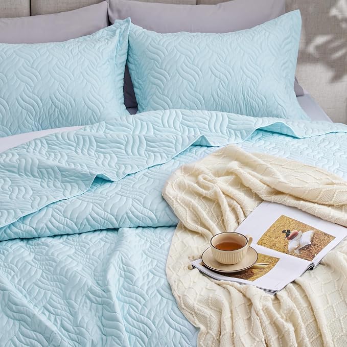 Love's cabin King Size Quilt Set Light Blue Bedspreads - Image 7