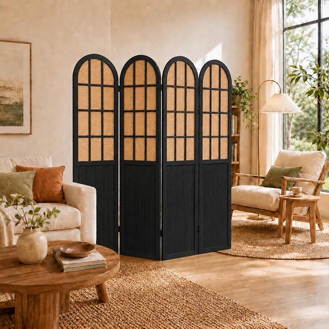 4 Panel Room Divider Privacy Screen Bamboo Wood Black | Folding Freestanding - Image 8