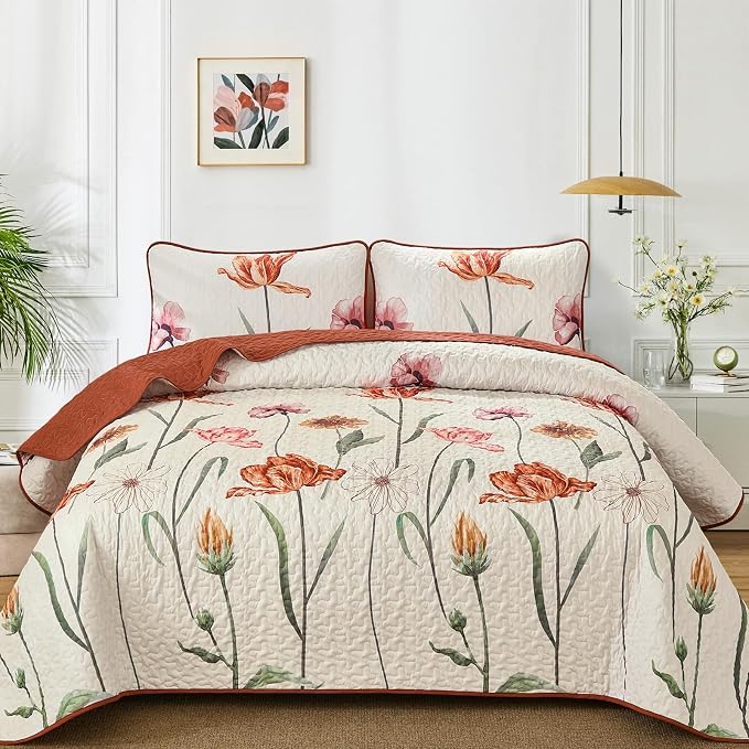 WONGS BEDDING Thanksgiving Quilt Set Queen, Shabby Chic Terracotta Cream Floral by WONGSBEDDING