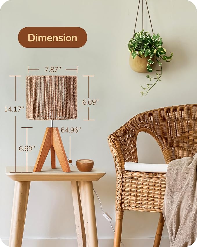 EDISHINE Small Rattan Table Lamp, Wood Tripod Bedside Lamp, E26 Base | Natural - Image 5
