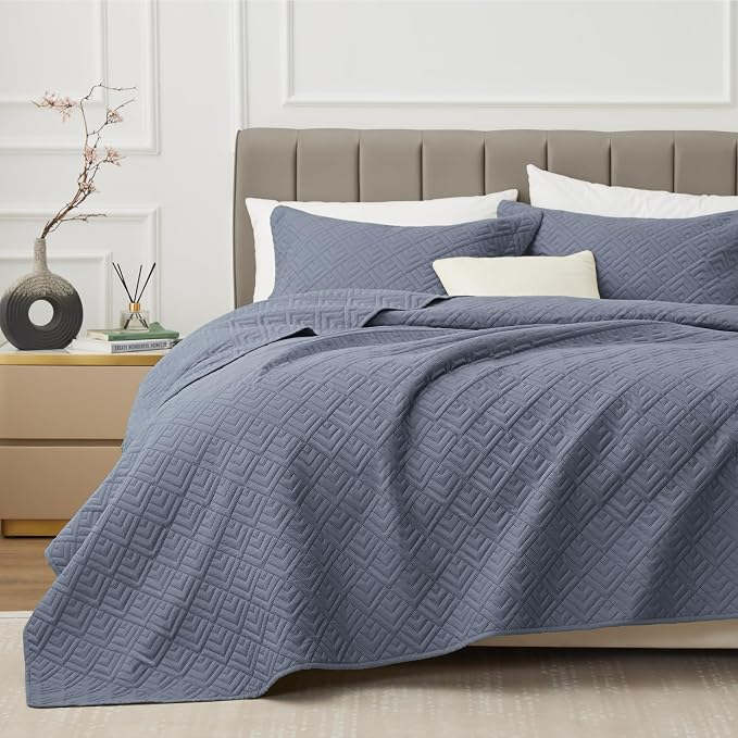EXQ Home King Size Quilt Set Squares Pattern Bedding Set Bluish Grey | Soft by EXQHomeTexitleCoLtd