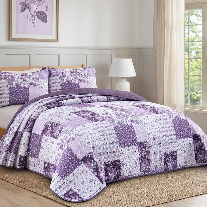 Anibedding Purple Patchwork Quilt Set King, Rose Floral Plaid Bedspread | - Image 2